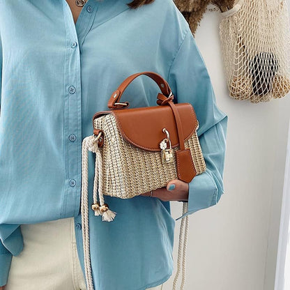 Women's White Straw Rattan Woven Shoulder Bag Crossbody Handbag Summer Purse