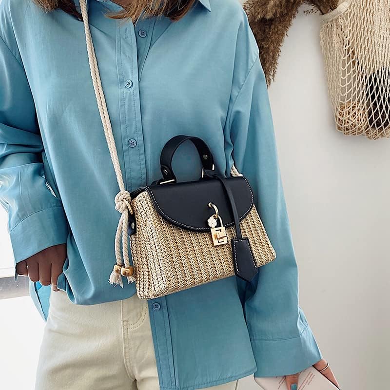 Women's White Straw Rattan Woven Shoulder Bag Crossbody Handbag Summer Purse